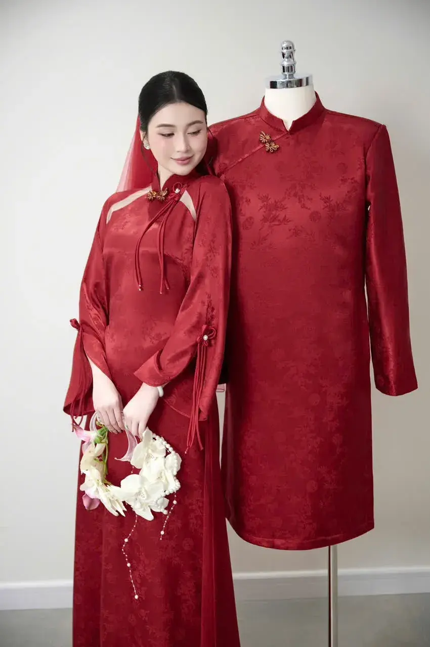 áo dài cưới cách tân màu đỏ đô